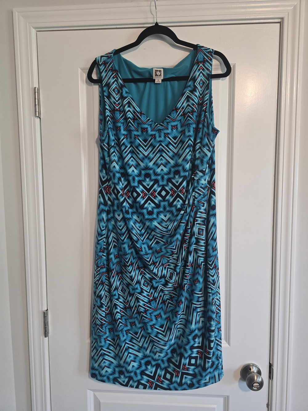Anne Klein Turquoise Geo-Print Sleeveless Midi Dress with Black Accents
